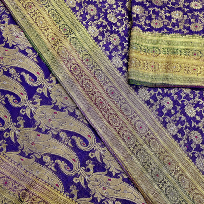 Indian Vintage Sari Heavy Purple Pure Organza Silk Woven Brocade Banarasi Sarees Zari 5Yd Ethnic Fabric Dress Making Wedding Sarees
