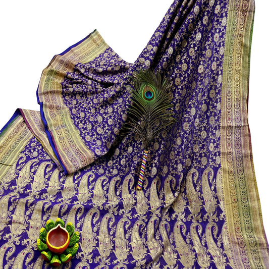 Indian Vintage Sari Heavy Purple Pure Organza Silk Woven Brocade Banarasi Sarees Zari 5Yd Ethnic Fabric Dress Making Wedding Sarees