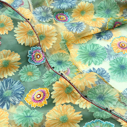 Indian Vintage Wedding Sari Green Organza hand Embroidered Saree Craft Fabric 5Yd Sewing Ethnic Bollywood sarees Dress making