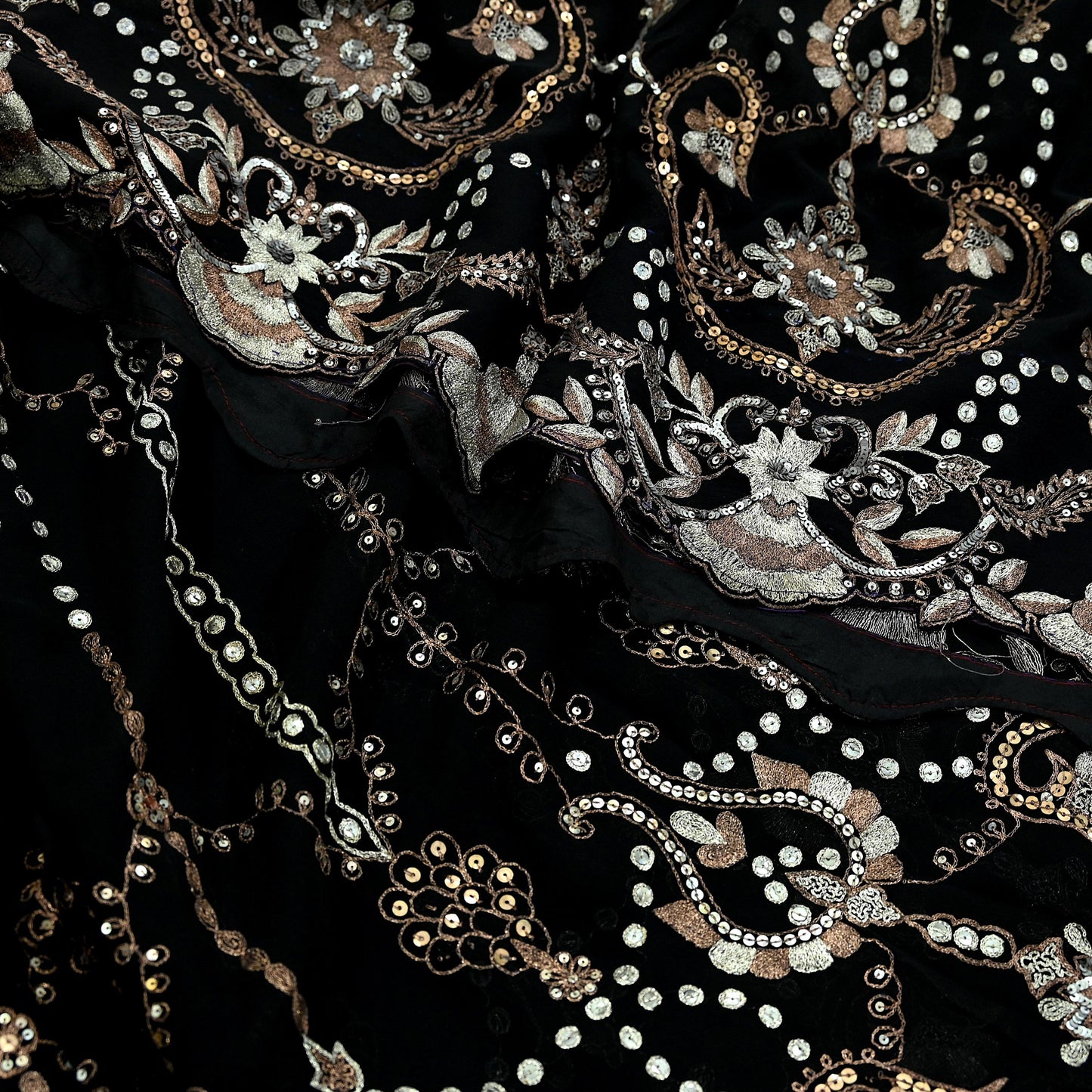 Indian Vintage Heavy Sari Black Pure Georgette Silk Hand Beaded Sarees Craft Fabric 5Yd Sewing Soft Ethnic Wedding Heavy Sarees Dress making