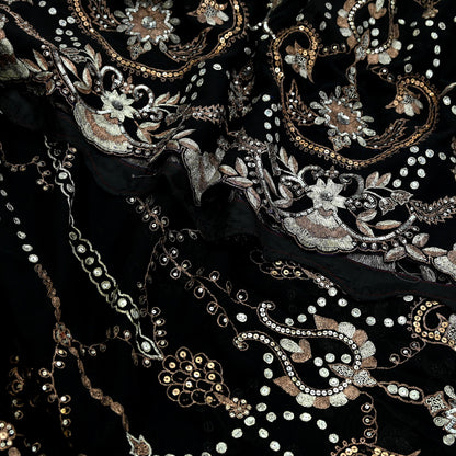 Indian Vintage Heavy Sari Black Pure Georgette Silk Hand Beaded Sarees Craft Fabric 5Yd Sewing Soft Ethnic Wedding Heavy Sarees Dress making