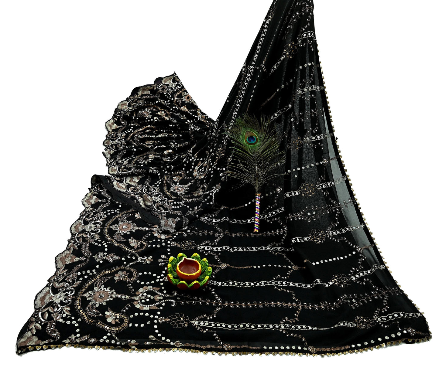 Indian Vintage Heavy Sari Black Pure Georgette Silk Hand Beaded Sarees Craft Fabric 5Yd Sewing Soft Ethnic Wedding Heavy Sarees Dress making
