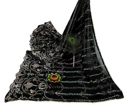 Indian Vintage Heavy Sari Black Pure Georgette Silk Hand Beaded Sarees Craft Fabric 5Yd Sewing Soft Ethnic Wedding Heavy Sarees Dress making