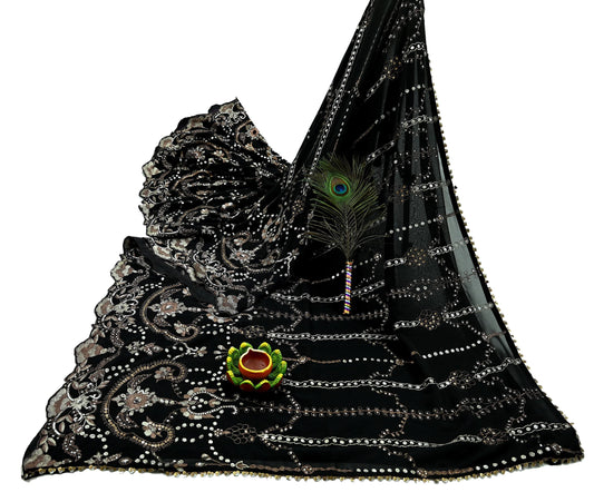 Indian Vintage Heavy Sari Black Pure Georgette Silk Hand Beaded Sarees Craft Fabric 5Yd Sewing Soft Ethnic Wedding Heavy Sarees Dress making
