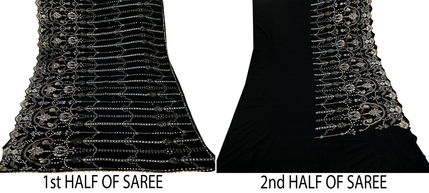 Indian Vintage Heavy Sari Black Pure Georgette Silk Hand Beaded Sarees Craft Fabric 5Yd Sewing Soft Ethnic Wedding Heavy Sarees Dress making