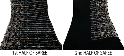Indian Vintage Heavy Sari Black Pure Georgette Silk Hand Beaded Sarees Craft Fabric 5Yd Sewing Soft Ethnic Wedding Heavy Sarees Dress making