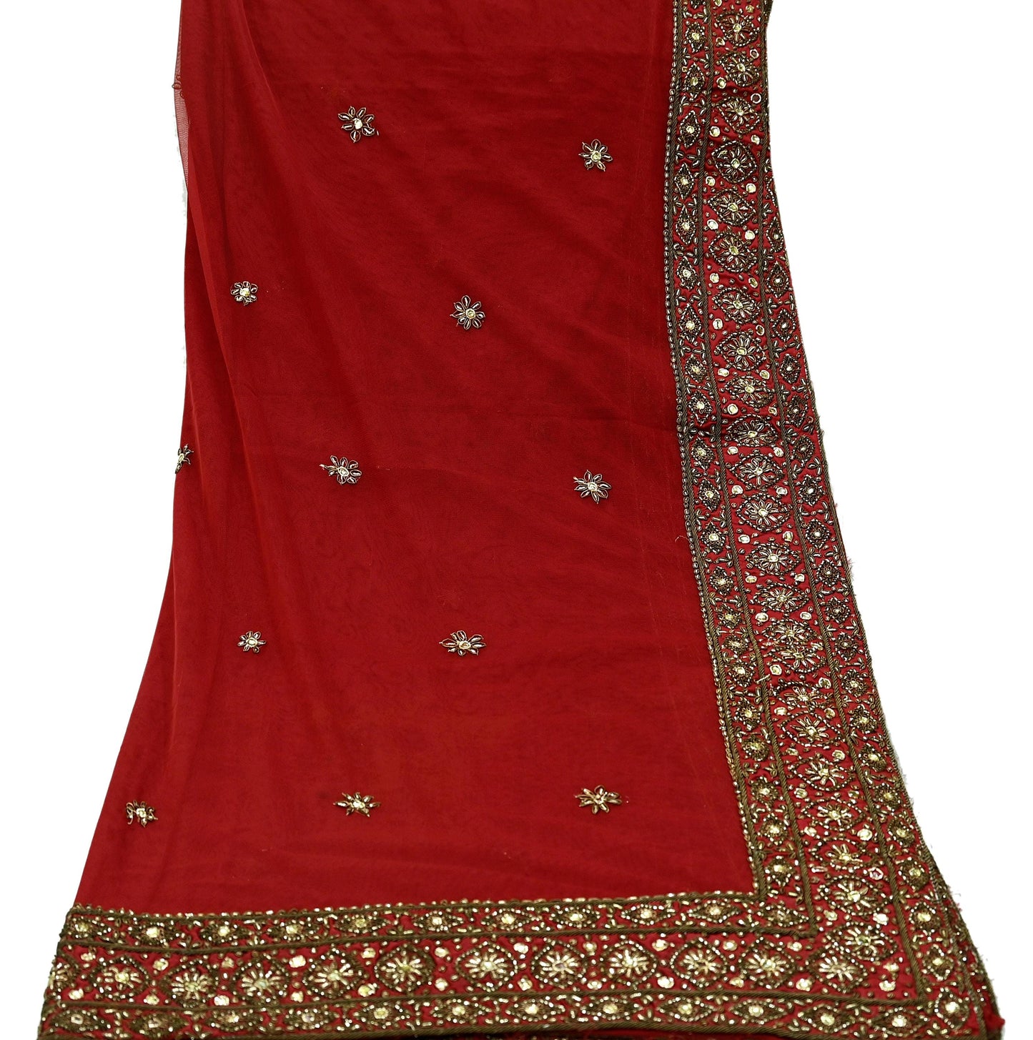 Indian Vintage Heavy Dark Red Dupatta Net Mesh Long Stole Hand Embroidered Scarves Golden Zardozi Dabka Zari Sequins