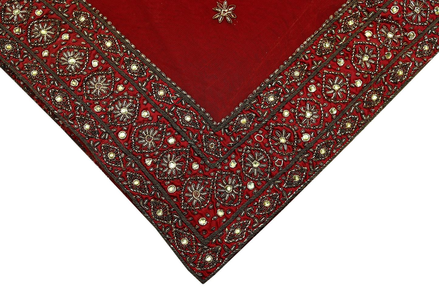 Indian Vintage Heavy Dark Red Dupatta Net Mesh Long Stole Hand Embroidered Scarves Golden Zardozi Dabka Zari Sequins
