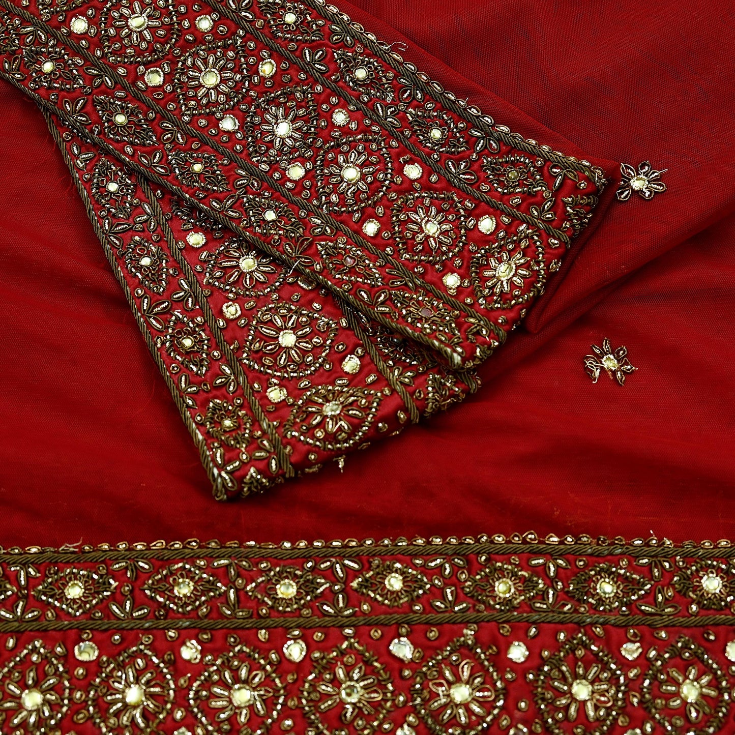 Indian Vintage Heavy Dark Red Dupatta Net Mesh Long Stole Hand Embroidered Scarves Golden Zardozi Dabka Zari Sequins