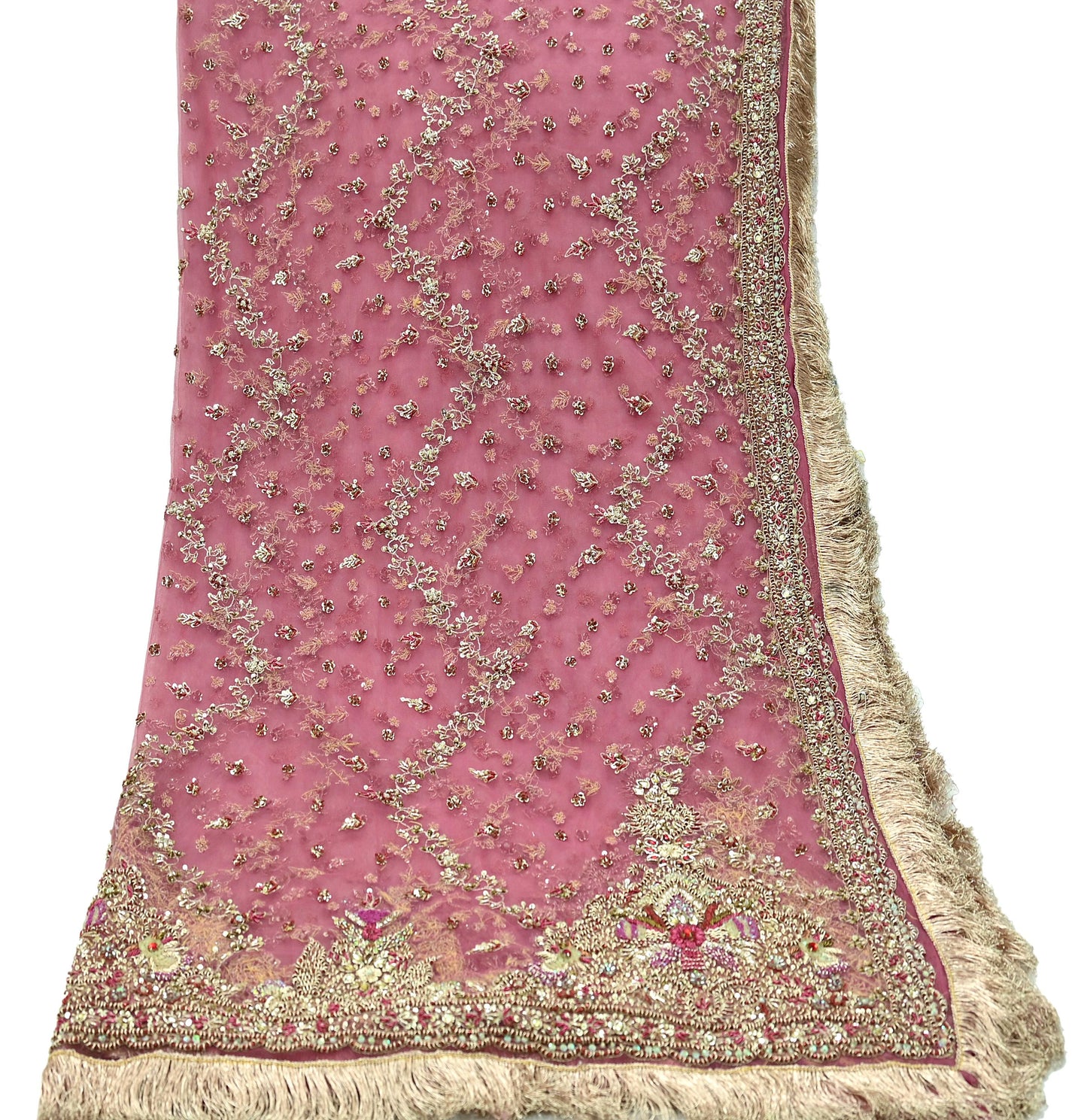 Indian Vintage Heavy Pink Dupatta Net Mesh Long Stole Hand Embroidered Scarves Golden Zardozi Dabka Zari Sequins Wedding Dupatta Party Wear