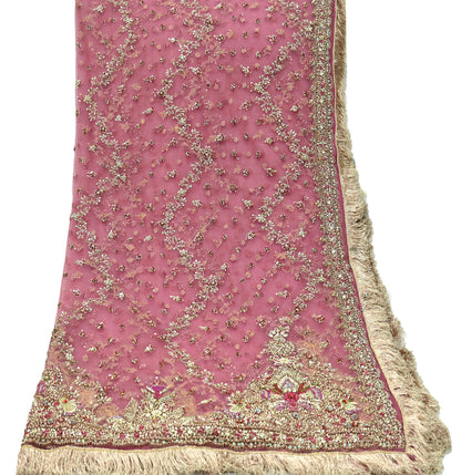 Indian Vintage Heavy Pink Dupatta Net Mesh Long Stole Hand Embroidered Scarves Golden Zardozi Dabka Zari Sequins Wedding Dupatta Party Wear