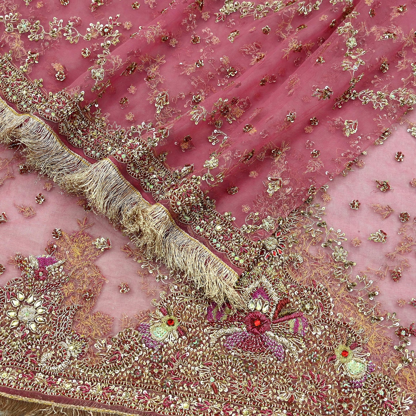 Indian Vintage Heavy Pink Dupatta Net Mesh Long Stole Hand Embroidered Scarves Golden Zardozi Dabka Zari Sequins Wedding Dupatta Party Wear