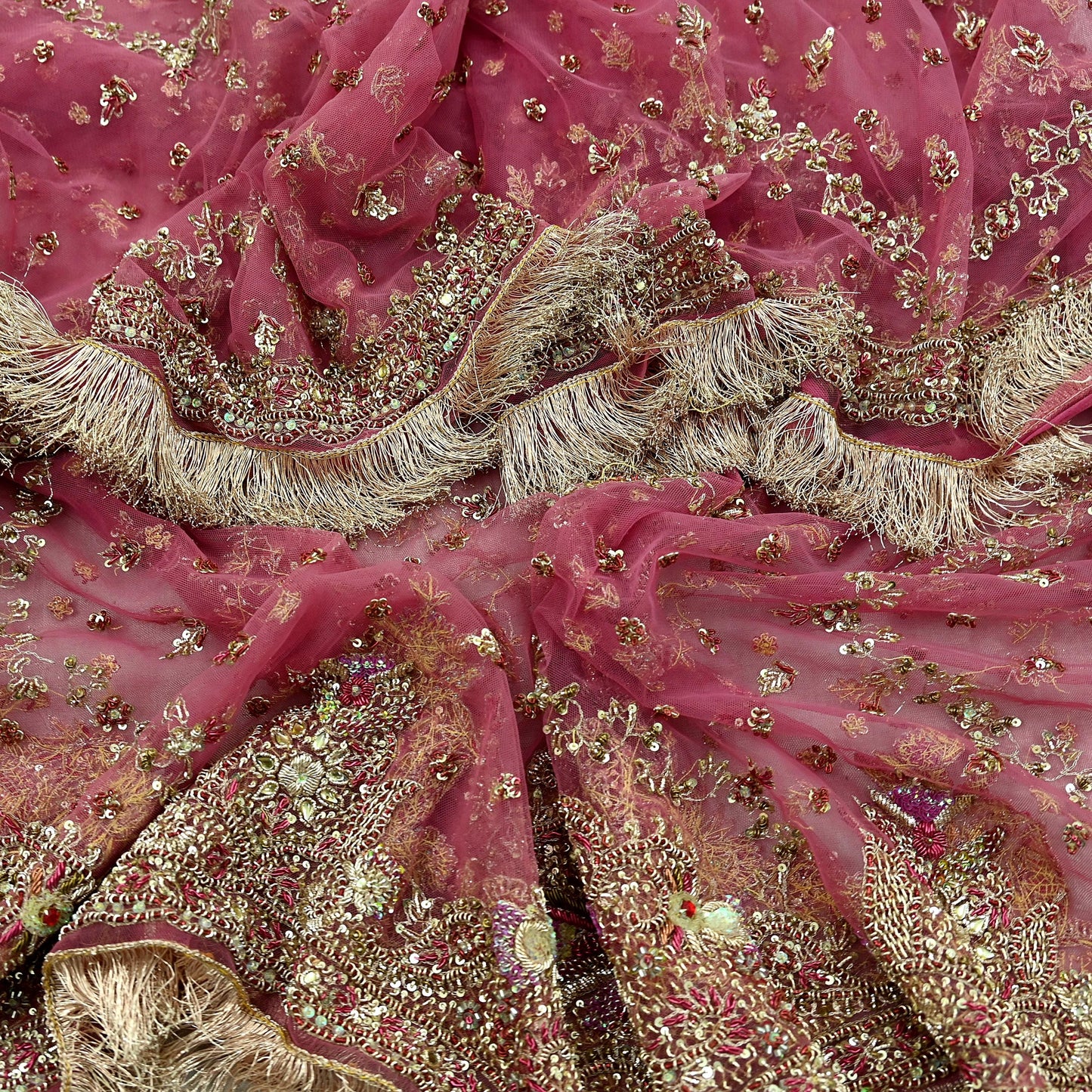 Indian Vintage Heavy Pink Dupatta Net Mesh Long Stole Hand Embroidered Scarves Golden Zardozi Dabka Zari Sequins Wedding Dupatta Party Wear