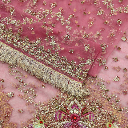 Indian Vintage Heavy Pink Dupatta Net Mesh Long Stole Hand Embroidered Scarves Golden Zardozi Dabka Zari Sequins Wedding Dupatta Party Wear