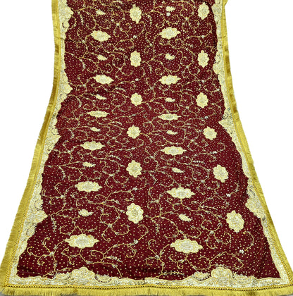 Indian Vintage Heavy Bridal Dupatta Maroon Pure Chiffon Silk Long Stole Hand Embroidered Hijab Scarf Zardozi/Dabka Zari Wedding Dupatta