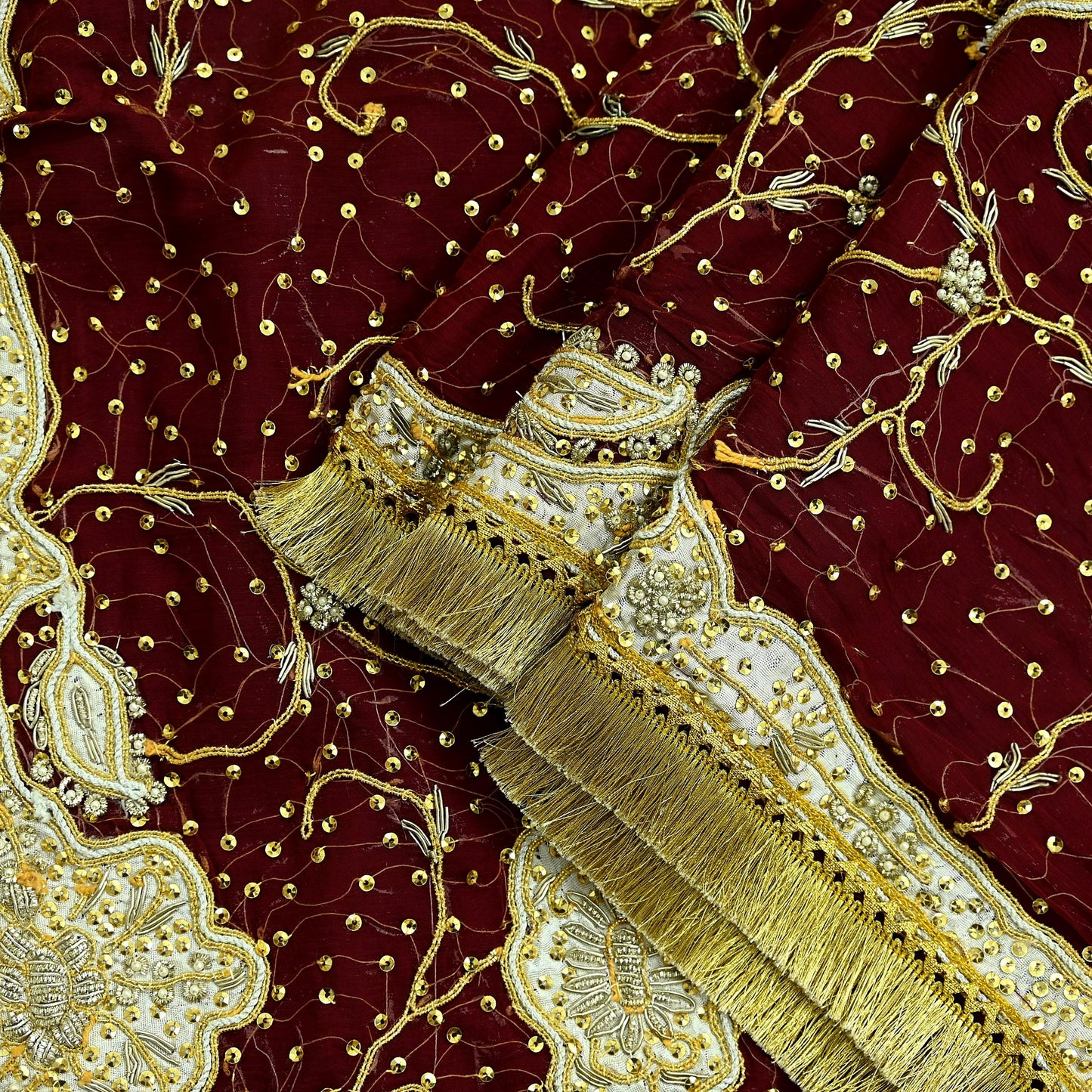 Indian Vintage Heavy Bridal Dupatta Maroon Pure Chiffon Silk Long Stole Hand Embroidered Hijab Scarf Zardozi/Dabka Zari Wedding Dupatta