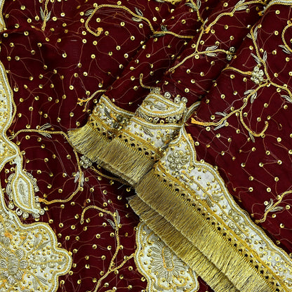 Indian Vintage Heavy Bridal Dupatta Maroon Pure Chiffon Silk Long Stole Hand Embroidered Hijab Scarf Zardozi/Dabka Zari Wedding Dupatta