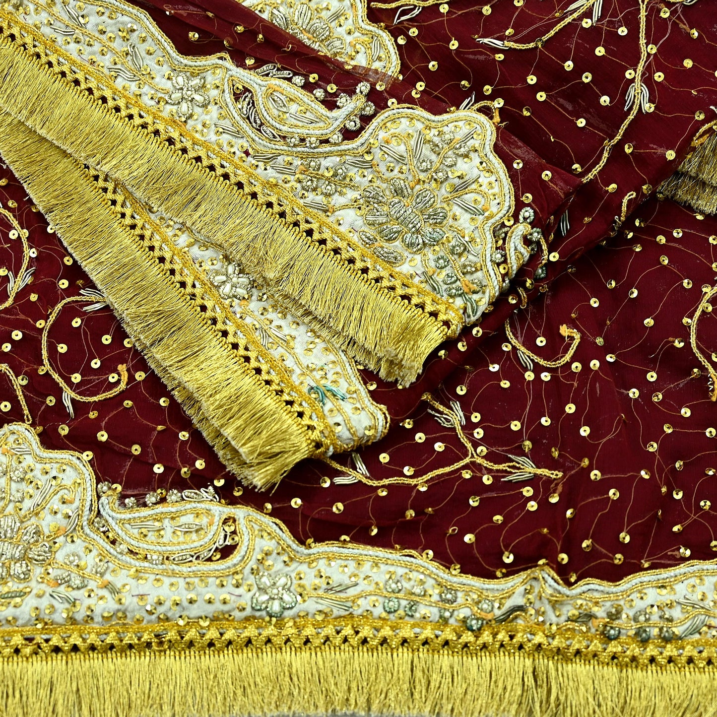 Indian Vintage Heavy Bridal Dupatta Maroon Pure Chiffon Silk Long Stole Hand Embroidered Hijab Scarf Zardozi/Dabka Zari Wedding Dupatta