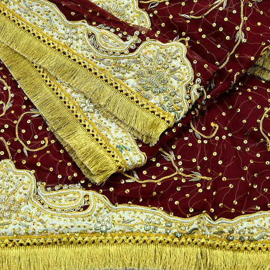 Indian Vintage Heavy Bridal Dupatta Maroon Pure Chiffon Silk Long Stole Hand Embroidered Hijab Scarf Zardozi/Dabka Zari Wedding Dupatta