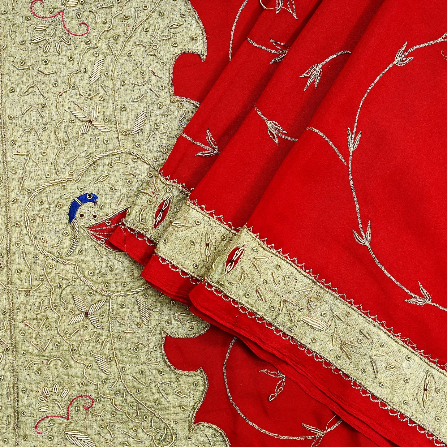 Indian Vintage Heavy Red Dupatta Crepe Long Stole Hand Embroidered Scarves Dabka Zardozi Zari Stole Peacock Design