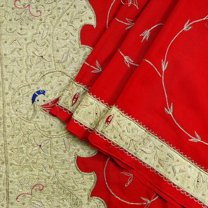 Indian Vintage Heavy Red Dupatta Crepe Long Stole Hand Embroidered Scarves Dabka Zardozi Zari Stole Peacock Design