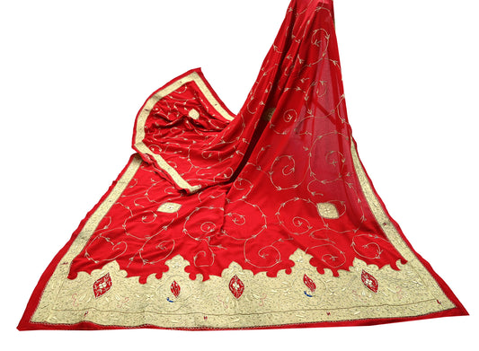 Indian Vintage Heavy Red Dupatta Crepe Long Stole Hand Embroidered Scarves Dabka Zardozi Zari Stole Peacock Design