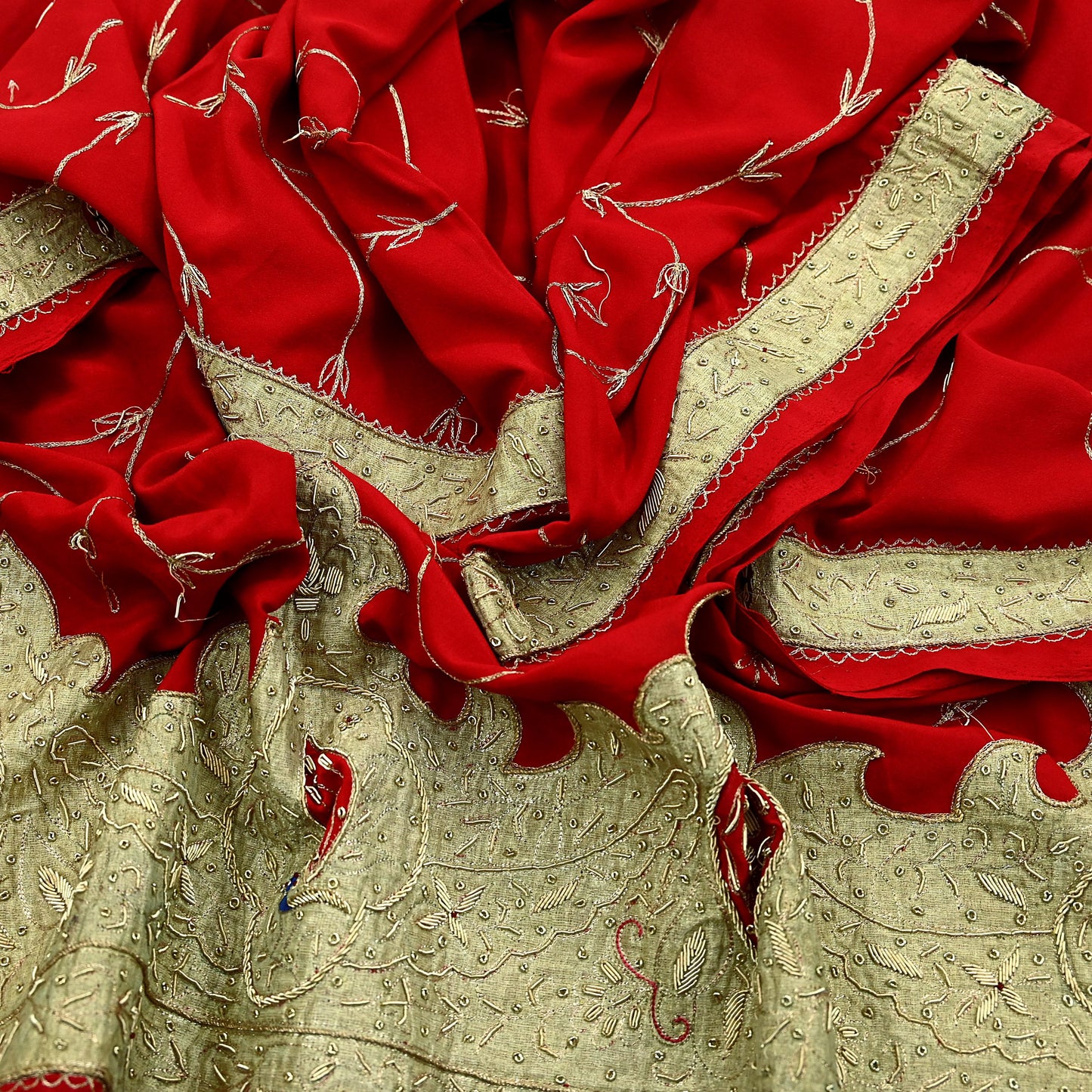 Indian Vintage Heavy Red Dupatta Crepe Long Stole Hand Embroidered Scarves Dabka Zardozi Zari Stole Peacock Design