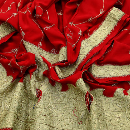 Indian Vintage Heavy Red Dupatta Crepe Long Stole Hand Embroidered Scarves Dabka Zardozi Zari Stole Peacock Design