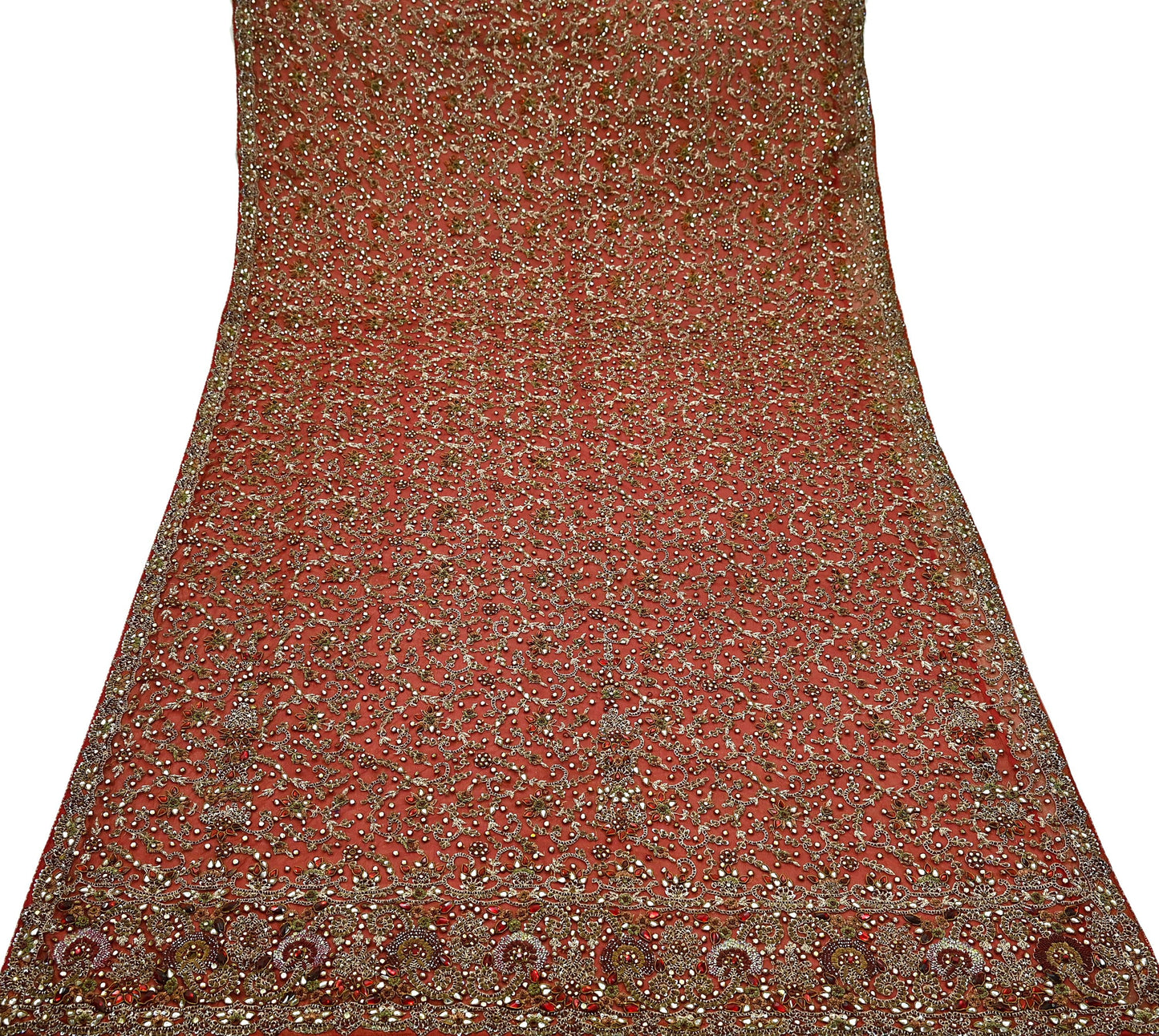 Indian Vintage Heavy Wedding Red Dupatta Net Mesh Long Stole Hand Embroidered Scarves Golden Zardozi Zari Sequins Dridal Veil Hijab