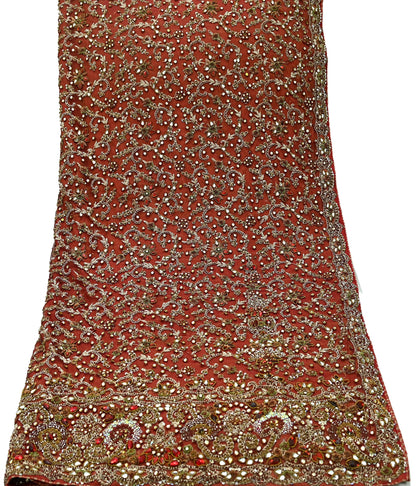 Indian Vintage Heavy Wedding Red Dupatta Net Mesh Long Stole Hand Embroidered Scarves Golden Zardozi Zari Sequins Dridal Veil Hijab