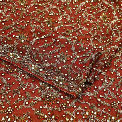 Indian Vintage Heavy Wedding Red Dupatta Net Mesh Long Stole Hand Embroidered Scarves Golden Zardozi Zari Sequins Dridal Veil Hijab