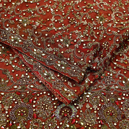 Indian Vintage Heavy Wedding Red Dupatta Net Mesh Long Stole Hand Embroidered Scarves Golden Zardozi Zari Sequins Dridal Veil Hijab