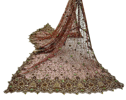 Indian Vintage Heavy Wedding Maroon Dupatta Net Mesh Long Stole Hand Embroidered Scarves Golden Zardozi Zari Sequins Dridal Veil Hijab