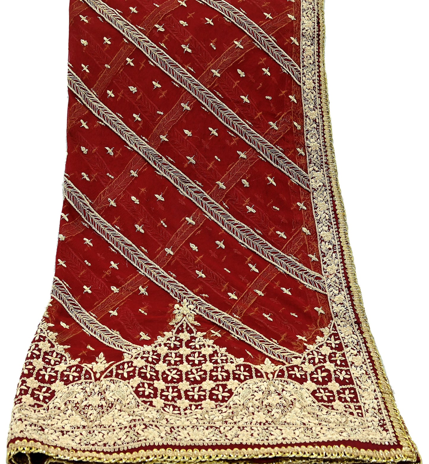 Indian Vintage Heavy Dark Red Dupatta Net Mesh Long Stole Hand Embroidered Scarves Golden Zardozi Dabka Zari Sequins