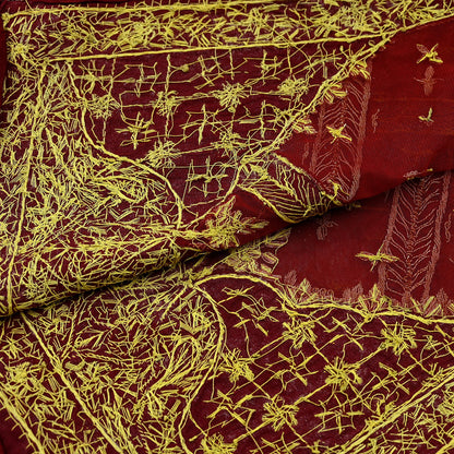 Indian Vintage Heavy Dark Red Dupatta Net Mesh Long Stole Hand Embroidered Scarves Golden Zardozi Dabka Zari Sequins