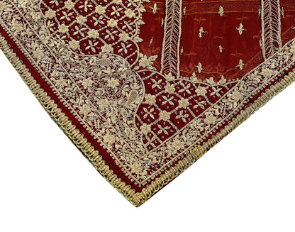 Indian Vintage Heavy Dark Red Dupatta Net Mesh Long Stole Hand Embroidered Scarves Golden Zardozi Dabka Zari Sequins