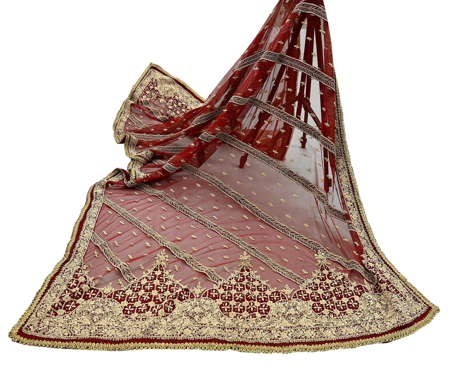 Indian Vintage Heavy Dark Red Dupatta Net Mesh Long Stole Hand Embroidered Scarves Golden Zardozi Dabka Zari Sequins