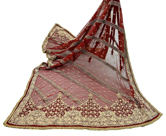 Indian Vintage Heavy Dark Red Dupatta Net Mesh Long Stole Hand Embroidered Scarves Golden Zardozi Dabka Zari Sequins