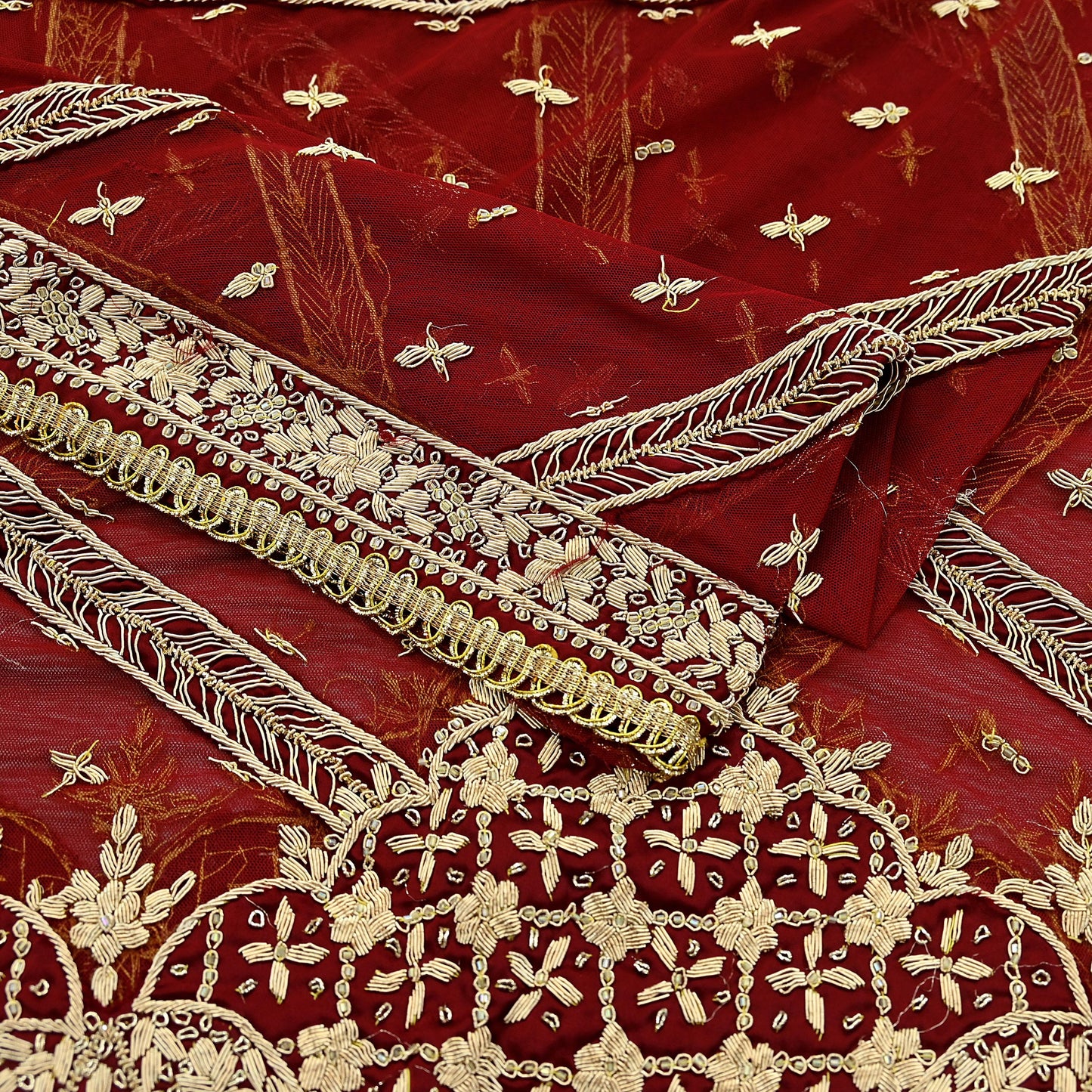 Indian Vintage Heavy Dark Red Dupatta Net Mesh Long Stole Hand Embroidered Scarves Golden Zardozi Dabka Zari Sequins
