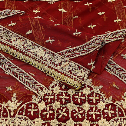 Indian Vintage Heavy Dark Red Dupatta Net Mesh Long Stole Hand Embroidered Scarves Golden Zardozi Dabka Zari Sequins
