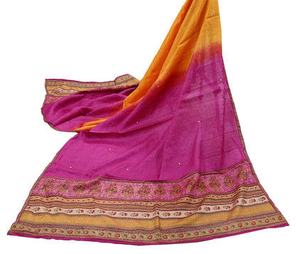 Indian Vintage Dupatta Pink & Saffron Long Stole Pure Silk Digital Printed Scarves Veil Hijab Wrap Scarf Boho