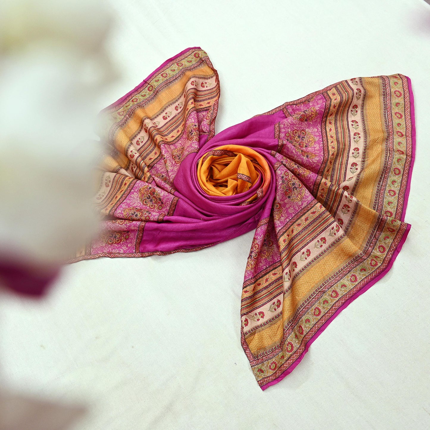 Indian Vintage Dupatta Pink & Saffron Long Stole Pure Silk Digital Printed Scarves Veil Hijab Wrap Scarf Boho