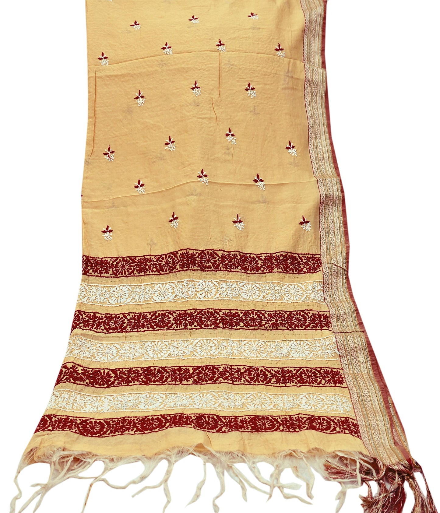 Indian Vintage Dupatta Beige Long Stole Pure Chanderi silk Handmade Chikankari Scarves Veil Scarf Wrap Floral Design