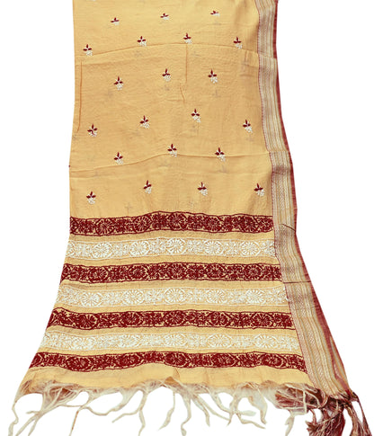 Indian Vintage Dupatta Beige Long Stole Pure Chanderi silk Handmade Chikankari Scarves Veil Scarf Wrap Floral Design