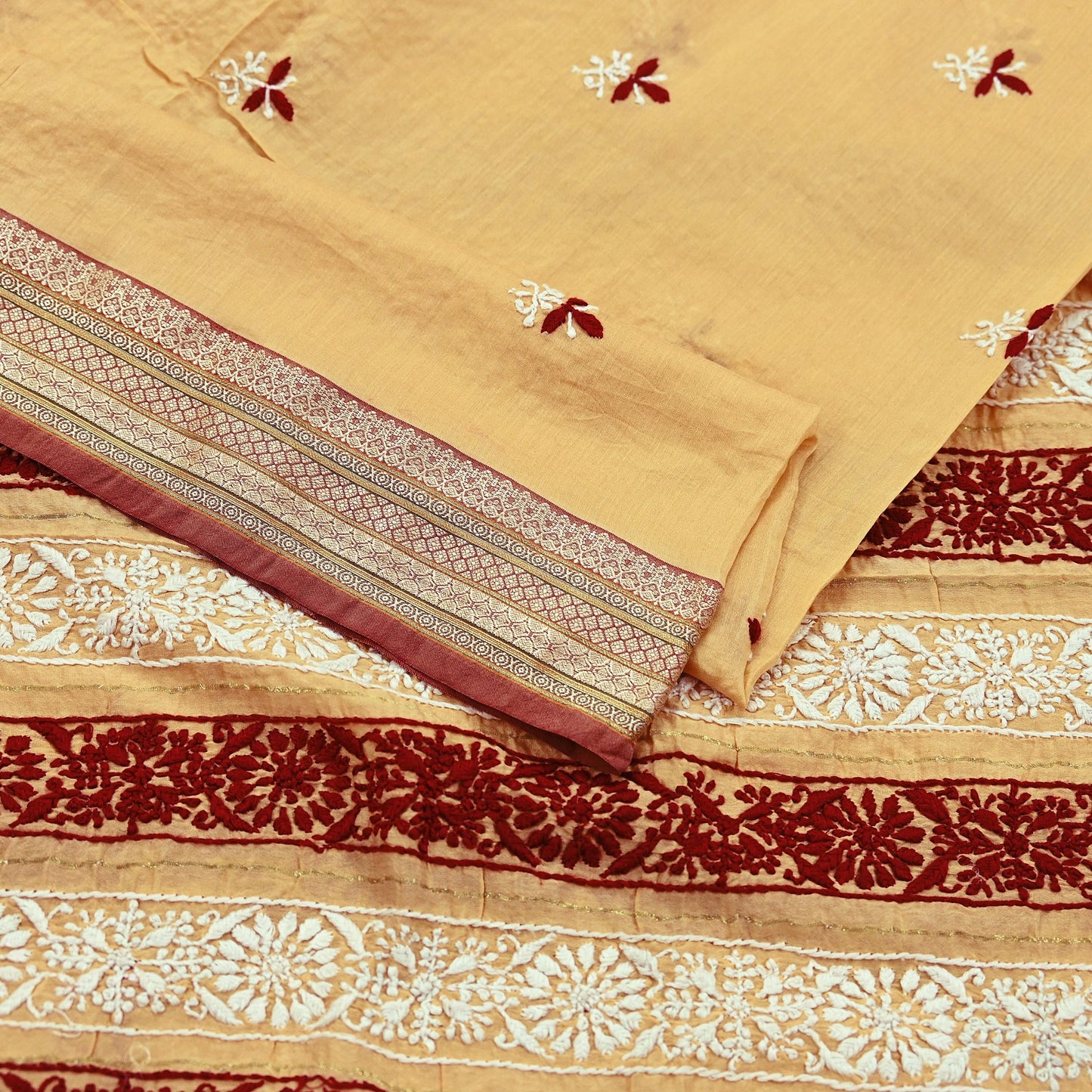 Indian Vintage Dupatta Beige Long Stole Pure Chanderi silk Handmade Chikankari Scarves Veil Scarf Wrap Floral Design