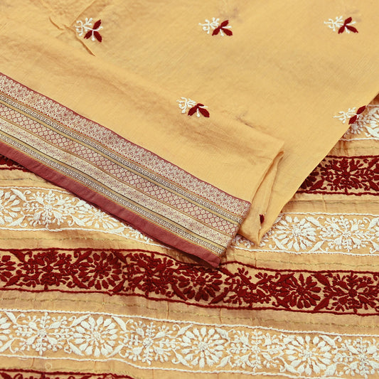 Indian Vintage Dupatta Beige Long Stole Pure Chanderi silk Handmade Chikankari Scarves Veil Scarf Wrap Floral Design