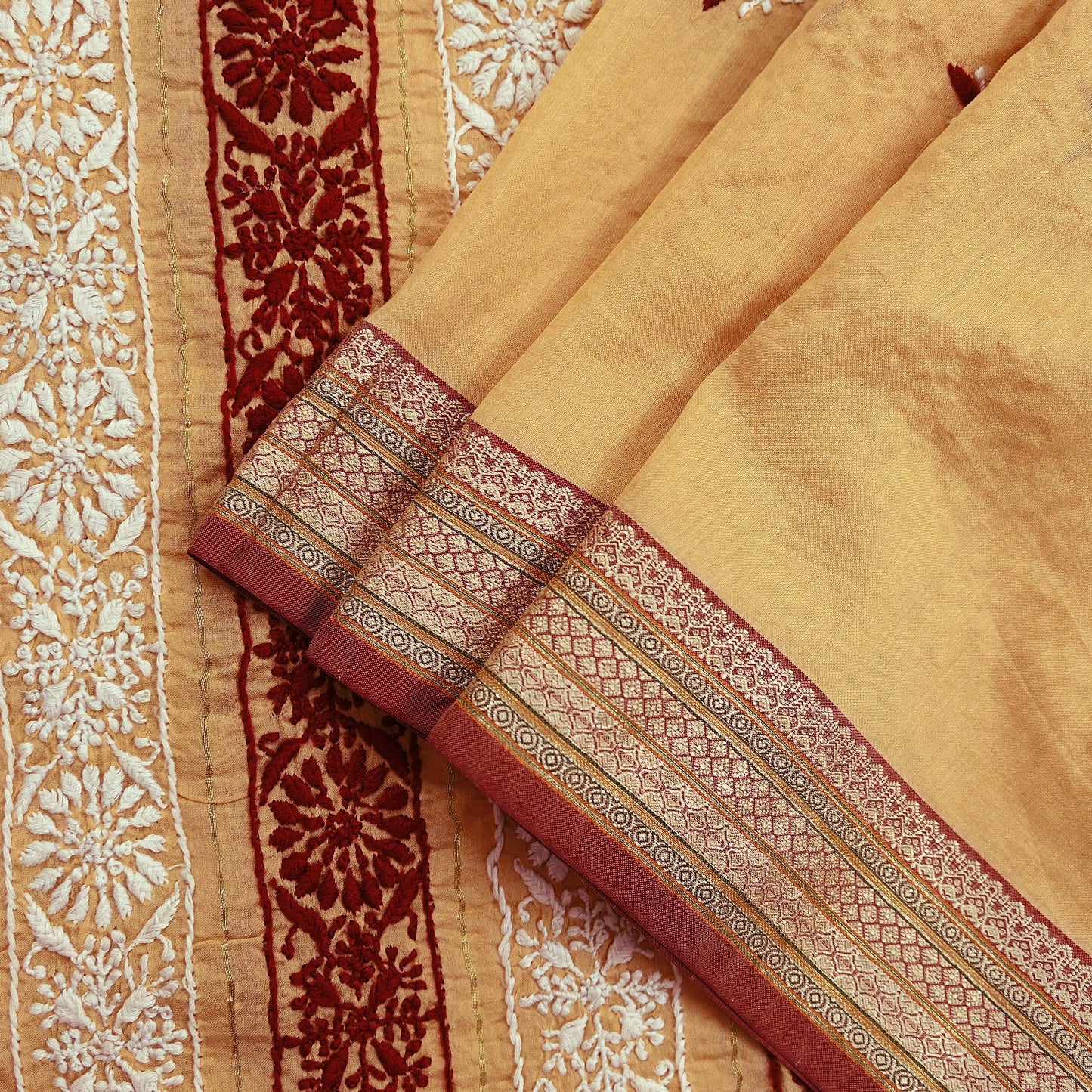 Indian Vintage Dupatta Beige Long Stole Pure Chanderi silk Handmade Chikankari Scarves Veil Scarf Wrap Floral Design
