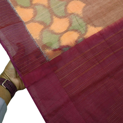 Indian Vintage Maroon & Peach Dupatta Long Stole Hand woven Sambalpuri Ikat Hijab Pure Silk Scarves Veil Fringes