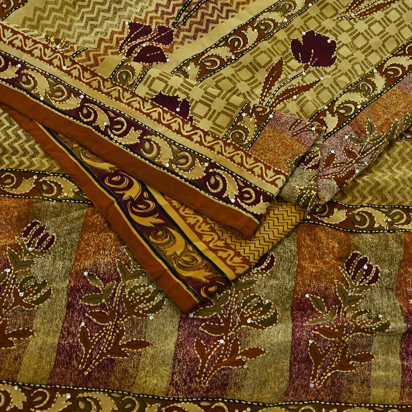 Indian Vintage Sari Beige & Brown Pure Crepe Silk Hand Embroidered Kantha Saree Craft Fabric 5yd Sewing Floral Soft Dress making Crafting