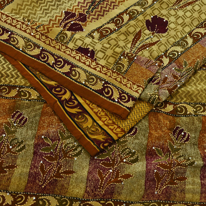 Indian Vintage Sari Beige & Brown Pure Crepe Silk Hand Embroidered Kantha Saree Craft Fabric 5yd Sewing Floral Soft Dress making Crafting